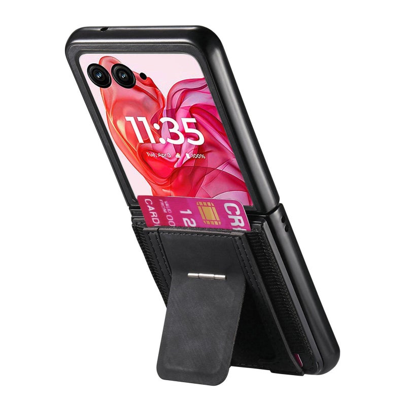 erorex For Motorola Moto Razr 50 Ultra Retro Leather Fold Stand Elastic Card Bag Phone Case(Black) - Image 3