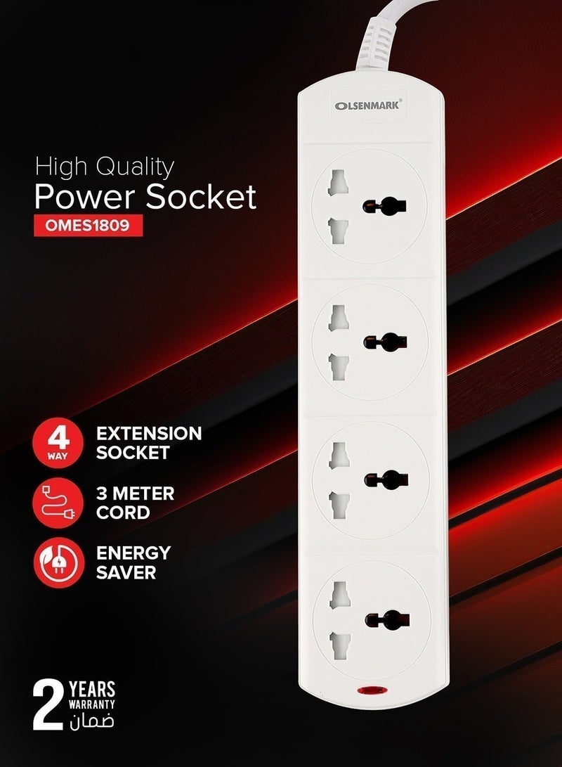 Olsenmark 4-Way Power Socket OMES1809D | PP Fireproof Housing & Child Safety Shutter | 3-Meter Cord | Ideal for Home & Office | White, 2-Year Warranty - Image 2
