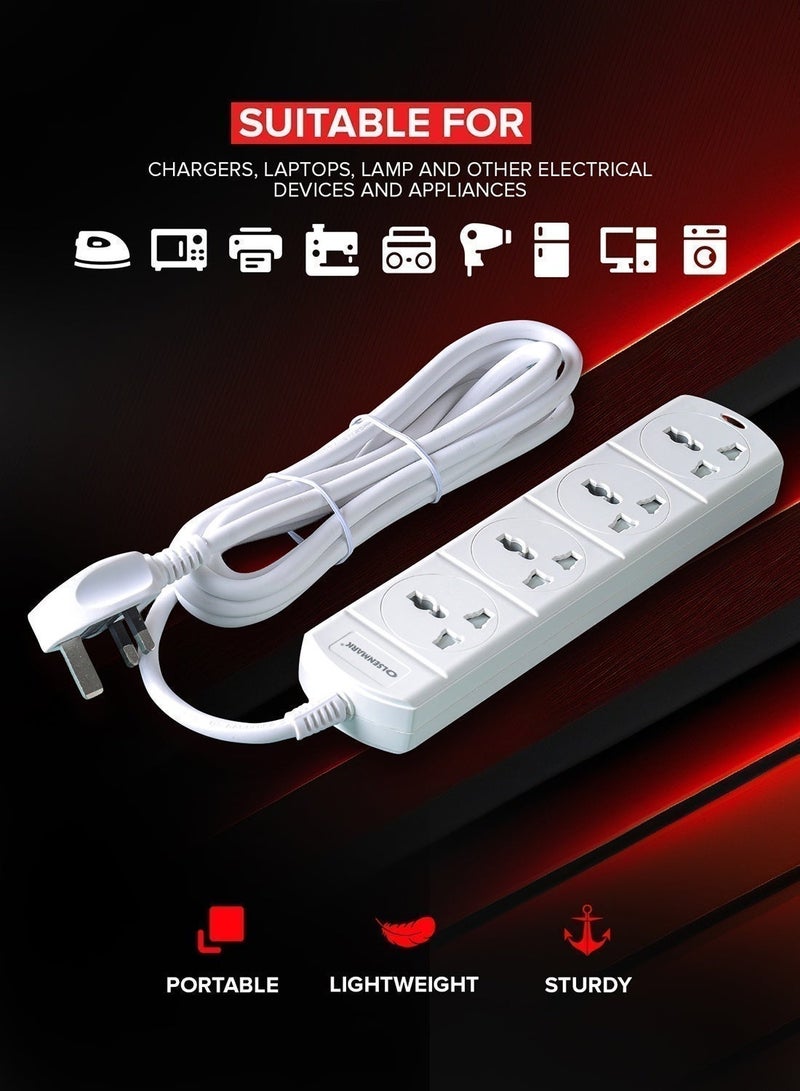 Olsenmark 4-Way Power Socket OMES1809D | PP Fireproof Housing & Child Safety Shutter | 3-Meter Cord | Ideal for Home & Office | White, 2-Year Warranty - Image 4