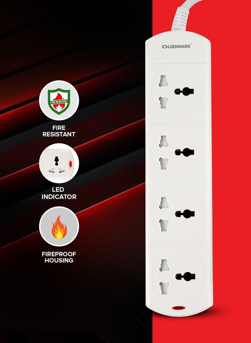 Olsenmark 4-Way Power Socket OMES1809D | PP Fireproof Housing & Child Safety Shutter | 3-Meter Cord | Ideal for Home & Office | White, 2-Year Warranty - Image 5