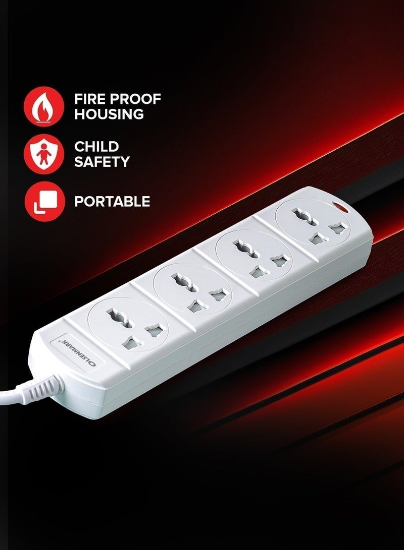 Olsenmark 4-Way Power Socket OMES1809D | PP Fireproof Housing & Child Safety Shutter | 3-Meter Cord | Ideal for Home & Office | White, 2-Year Warranty - Image 3