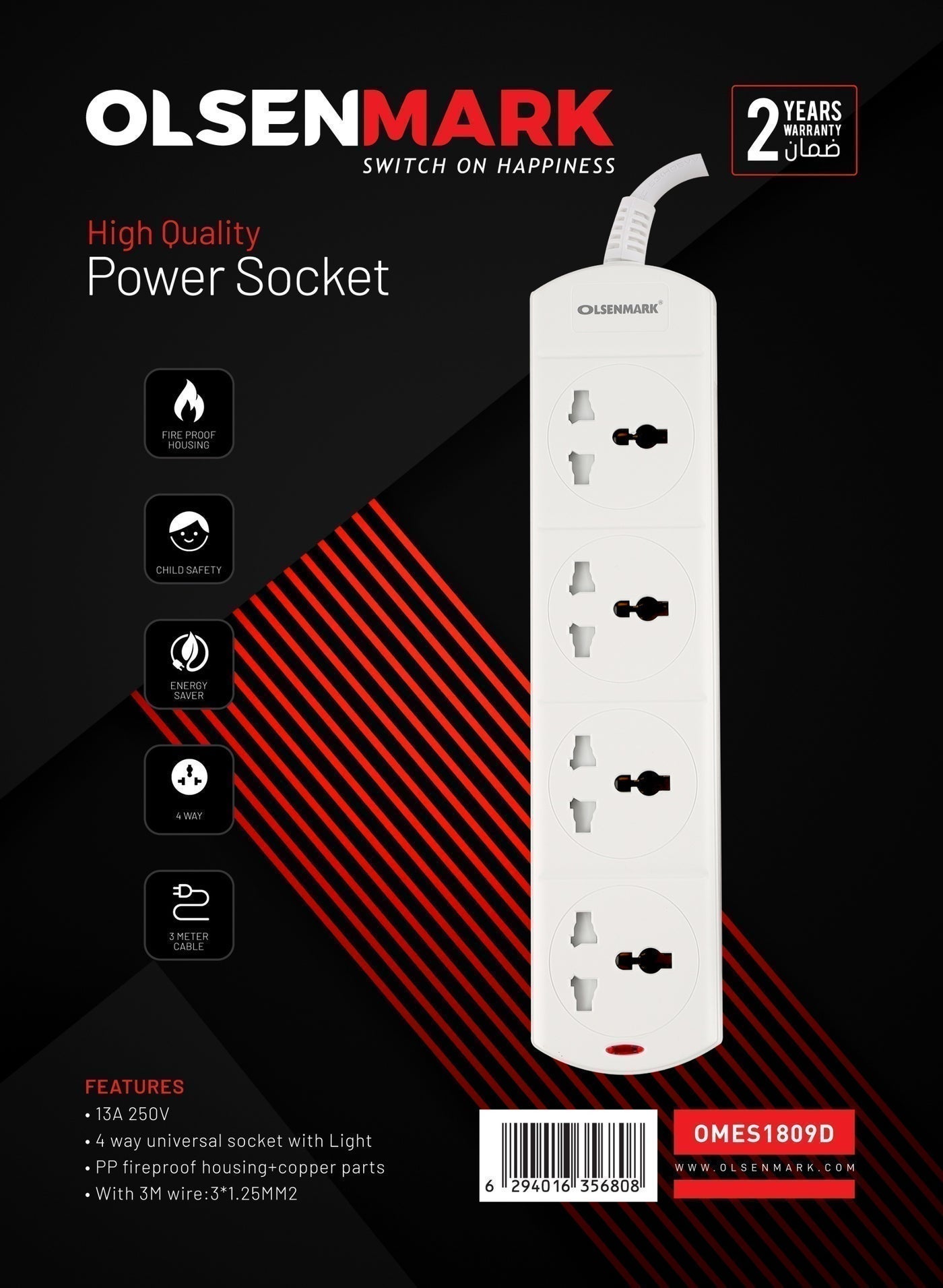 Olsenmark 4-Way Power Socket OMES1809D | PP Fireproof Housing & Child Safety Shutter | 3-Meter Cord | Ideal for Home & Office | White, 2-Year Warranty