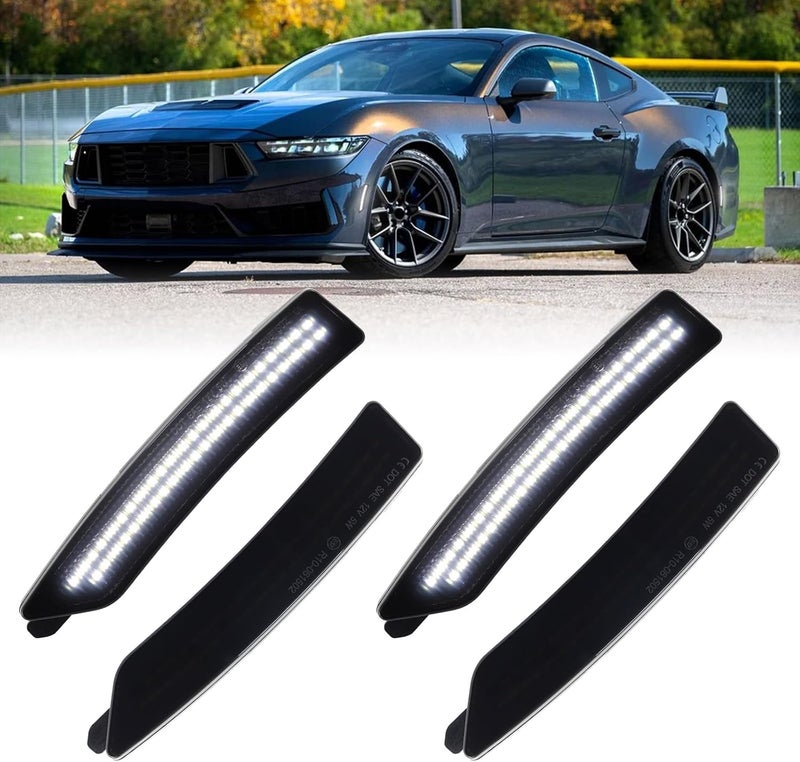FetonAuto White LED Side Marker Lights for 2024 2025 Ford Mustang S650 Dark Horse EcoBoost GT GTD Front Rear Bumper Reflector Signal Lamps, Smoked Lens, Pack of 4 - Image 1