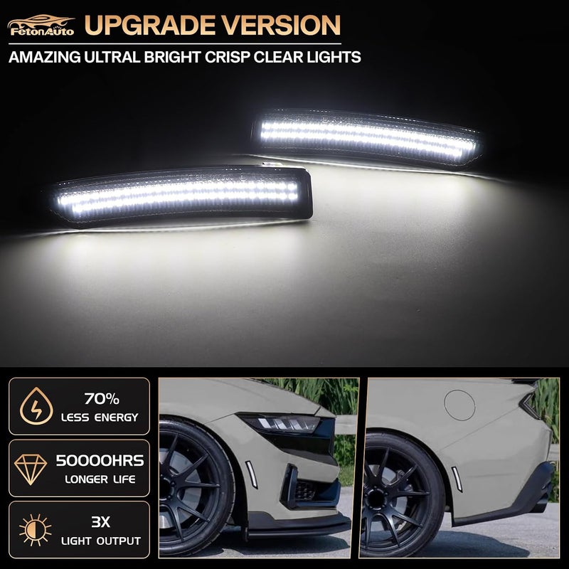 FetonAuto White LED Side Marker Lights for 2024 2025 Ford Mustang S650 Dark Horse EcoBoost GT GTD Front Rear Bumper Reflector Signal Lamps, Smoked Lens, Pack of 4 - Image 2