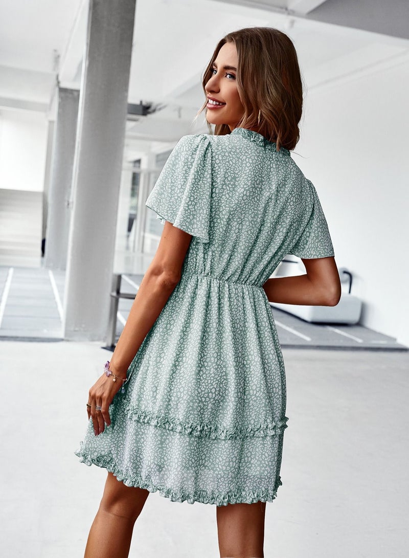 Loquat Lotus Leaf Sleeve V-neck Floral Dress Maquette Green  - Image 2