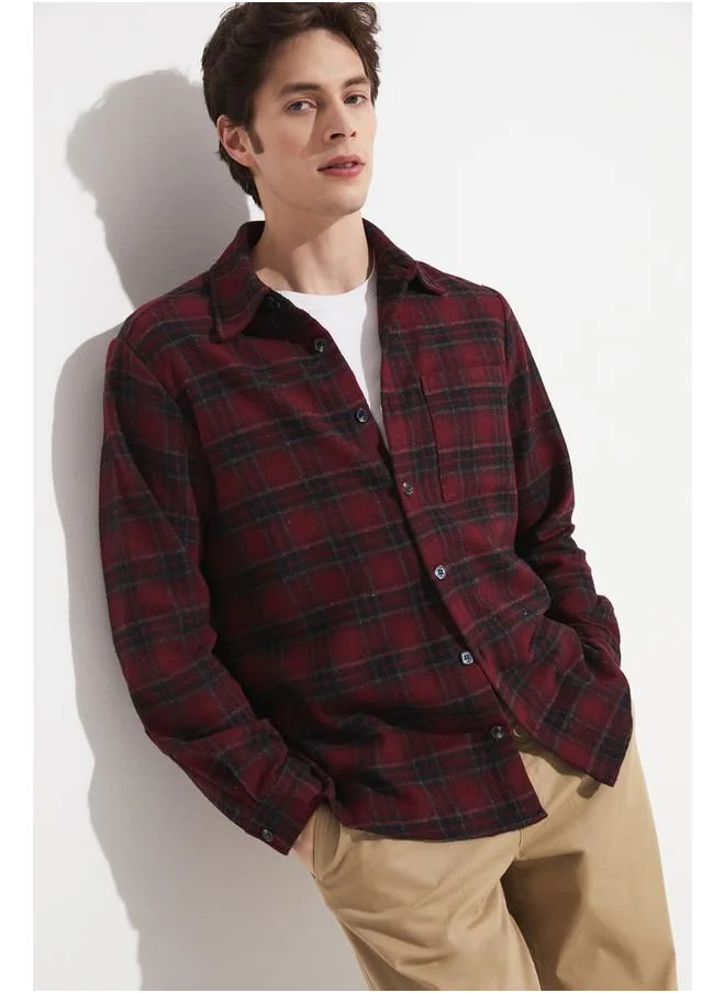 جون June Men Checkered Shirt Black - Burgundy