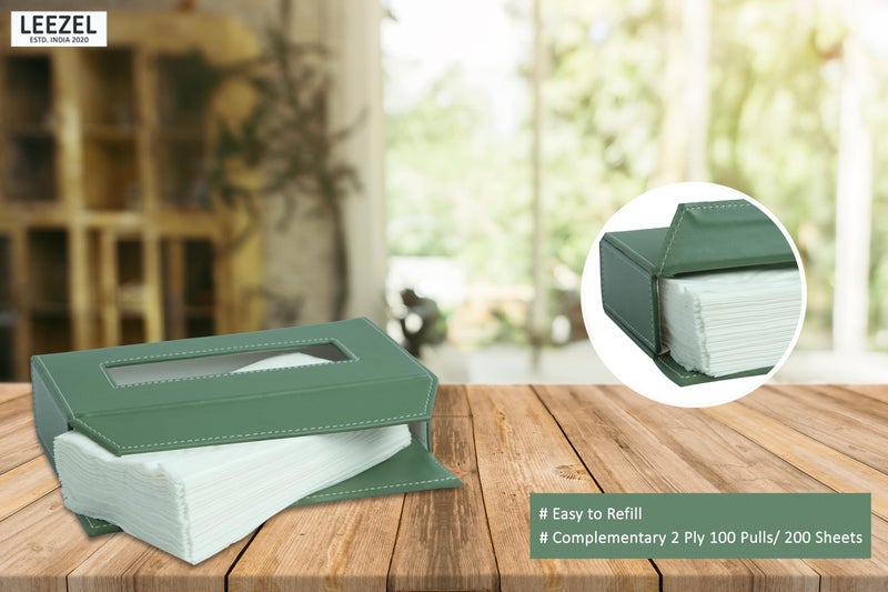 LEEZEL Tissue Box Holder - Tissue Holder - Car Tissue Box Holder - Tissue Dispenser for Bathroom - Leather Tissue Box - Napkin Box (Complementary- 2 Ply 100 Pulls Facial Tissue) (Mint) - Image 3