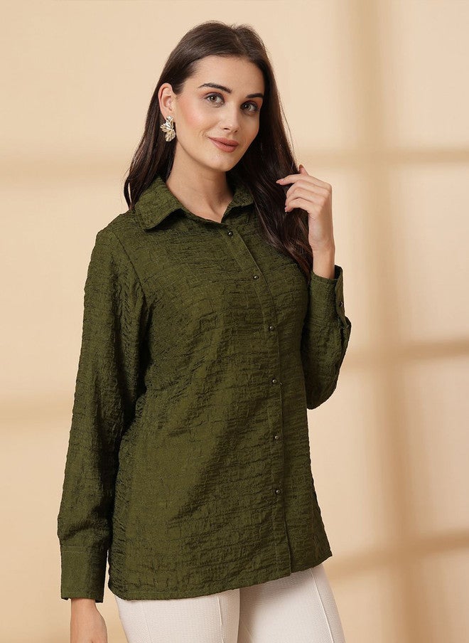 PlusS قميص كاجوال أخضر زيتوني للنساء - Image 3