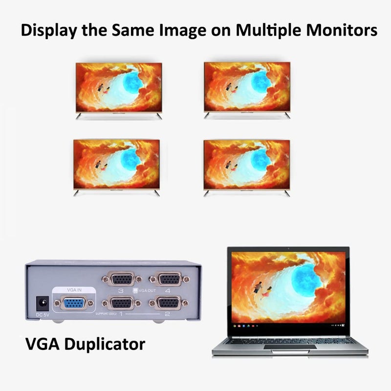 DTECH Powered 4 Port VGA Splitter Box Video Distribution Duplicator for 1 PC to Multiple Monitors Projector - Image 2