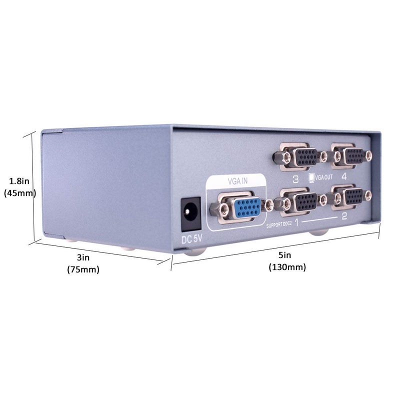 DTECH Powered 4 Port VGA Splitter Box Video Distribution Duplicator for 1 PC to Multiple Monitors Projector - Image 5