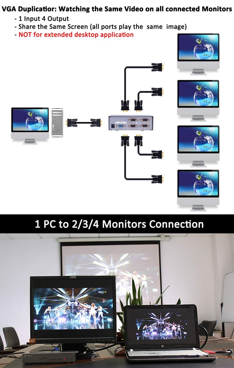 DTECH Powered 4 Port VGA Splitter Box Video Distribution Duplicator for 1 PC to Multiple Monitors Projector - Image 3
