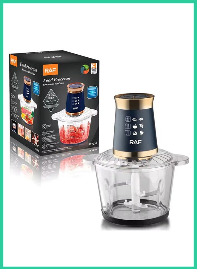 آر إيه أف معالج طعام كهربائي من RAF سعة 3 لتر - مفرمة متعددة الوظائف بسرعتين وشفرات من الفولاذ المقاوم للصدأ، ومحرك قوي بقوة 300 واط، لتقطيع اللحوم والخضراوات والفواكه وغيرها - طراز R-7038 - Image 1