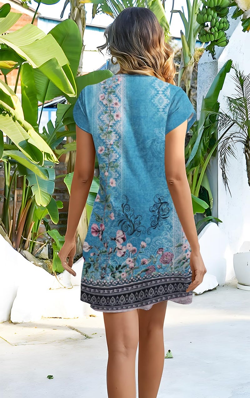 Disamer Womens Casual Dresses Short Sleeve Summer Dresses 2026 Boho Floral Beach Sundresses Spring A-Line Dress with Pockets,Floral Blue,Large - Image 4