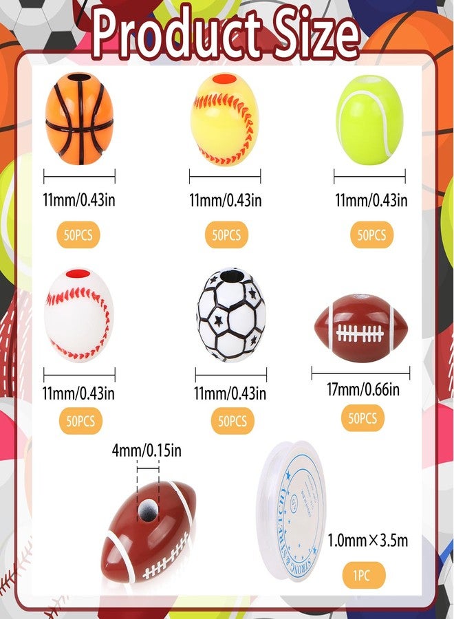 EVERMARKET 300 Pcs Acrylic Sports Beads Bulk - Baseball Basketball Soccer Softball Football Tennis Beads with Stretch Rope for DIY Crafts Bracelet - Image 2