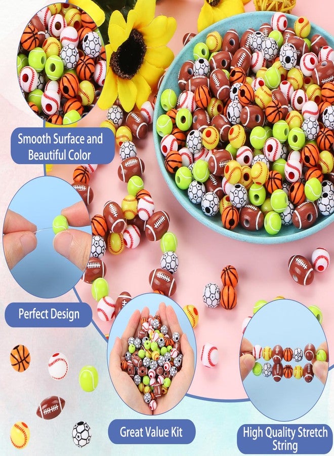 EVERMARKET 300 Pcs Acrylic Sports Beads Bulk - Baseball Basketball Soccer Softball Football Tennis Beads with Stretch Rope for DIY Crafts Bracelet - Image 4