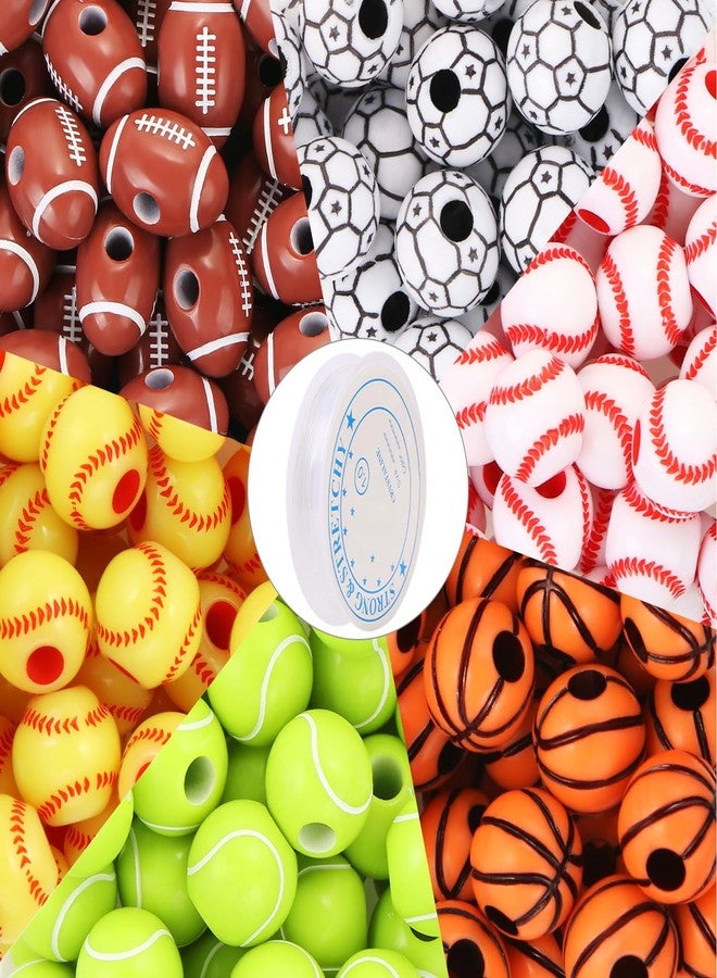 EVERMARKET 300 Pcs Acrylic Sports Beads Bulk - Baseball Basketball Soccer Softball Football Tennis Beads with Stretch Rope for DIY Crafts Bracelet - Image 1