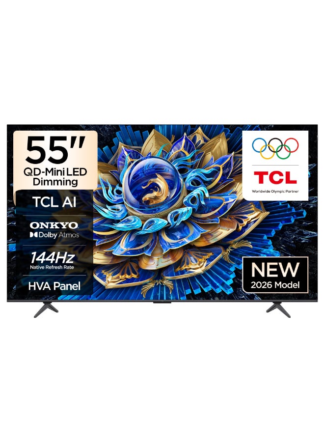 Television 55 Inch 4K QD-Mini LED Dimming Google Smart TV, 144Hz Refresh Rate, 93% DCI-P3, AiPQ Pro, Slim & Uni-body Design (2026 Model) 55T8D Black