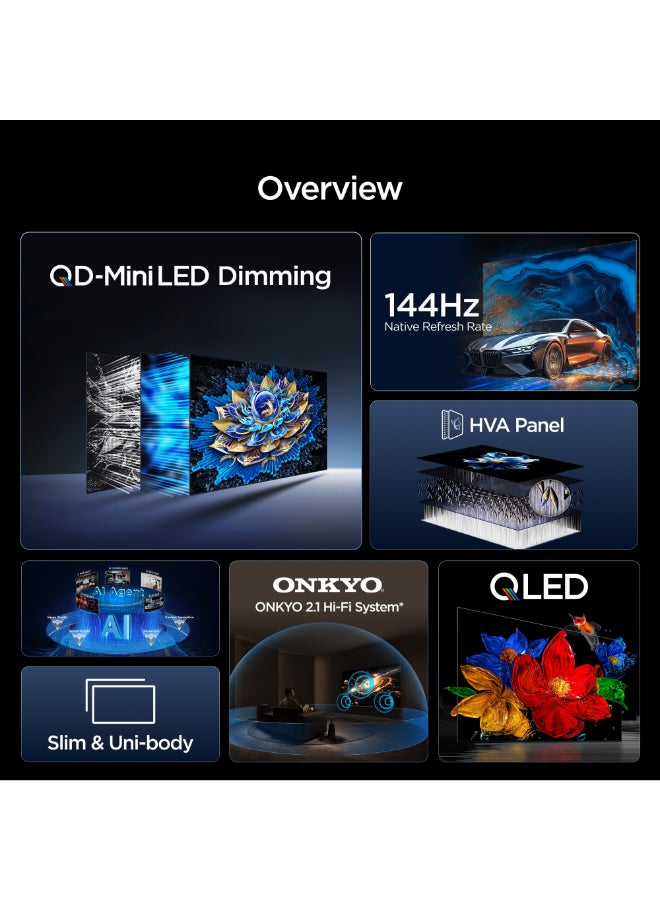 تي سي إل تلفاز 55 بوصة 4K QD-Mini LED مع ديمينغ، تلفاز جوجل الذكي، معدل تحديث 144 هرتز، 93% DCI-P3، AiPQ Pro، تصميم نحيف وموحد الجسم (طراز 2026) - Image 2