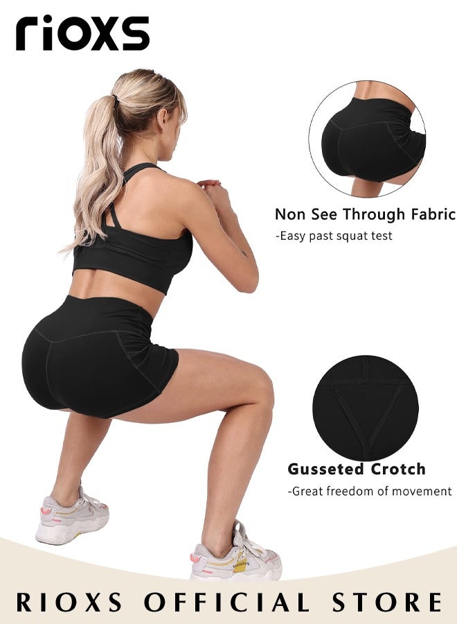 RIOXS Women's High Waisted Tummy Control Shorts Workout Yoga Pants Athletic Soft Training Shorts With Side Pockets For Phone  - Image 3