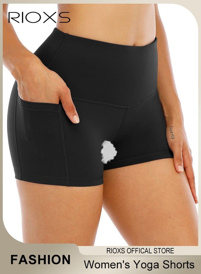 RIOXS Women's High Waisted Tummy Control Shorts Workout Yoga Pants Athletic Soft Training Shorts With Side Pockets For Phone  - Image 1