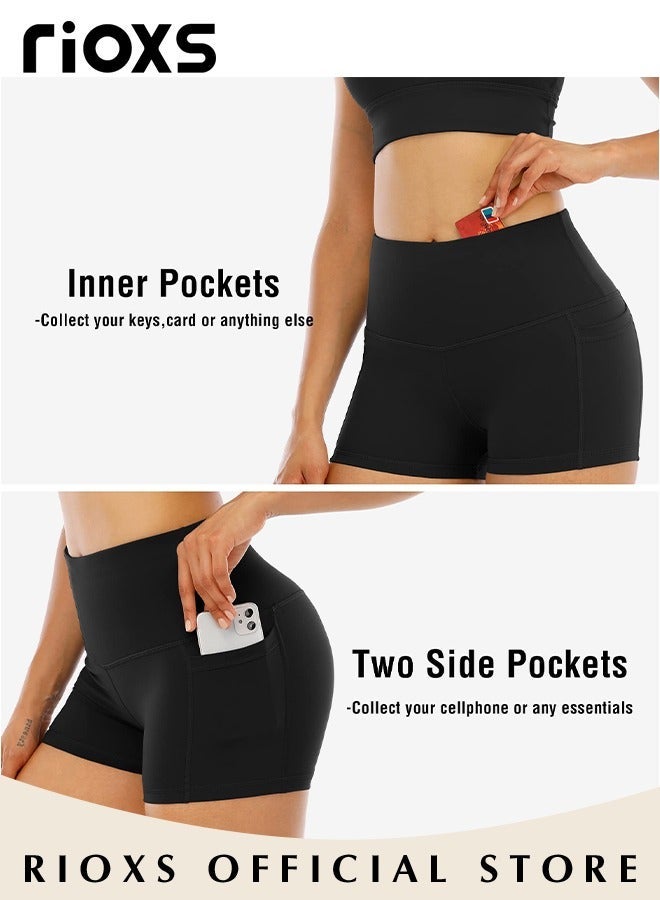 RIOXS Women's High Waisted Tummy Control Shorts, Workout Stretch Polyester Yoga Pants, Athletic Soft Training Shorts With Side Pockets For Phone, Suitable for Biking, Running, Gym, Solid Black - Image 3