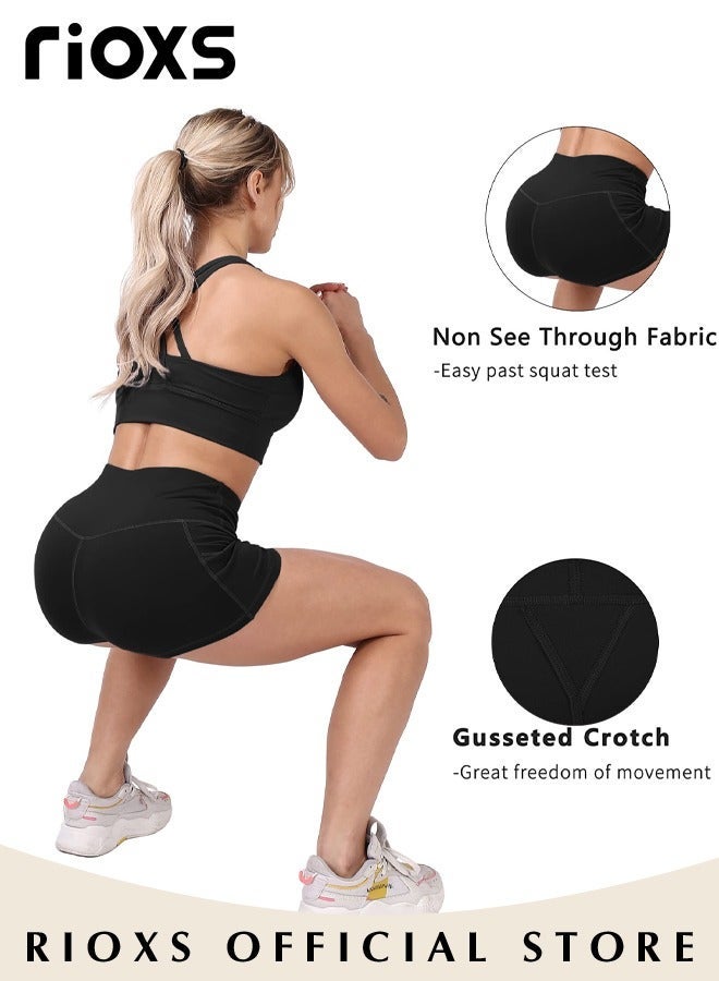 RIOXS Women's High Waisted Tummy Control Shorts, Workout Stretch Polyester Yoga Pants, Athletic Soft Training Shorts With Side Pockets For Phone, Suitable for Biking, Running, Gym, Solid Black - Image 2