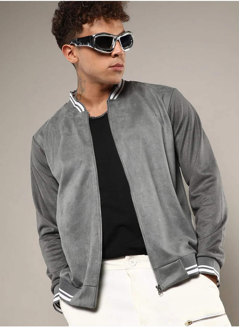 Campus Sutra Men's Moon Grey Zip-Front Baseball Jacket