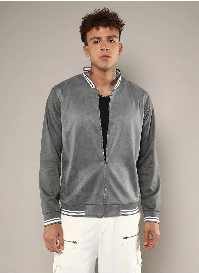 Campus Sutra Men's Moon Grey Zip-Front Baseball Jacket