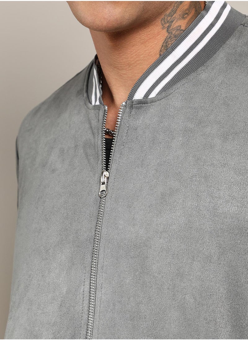 كامبوس سوترا - Men's Moon Grey Zip-Front Baseball Jacket - Image 1
