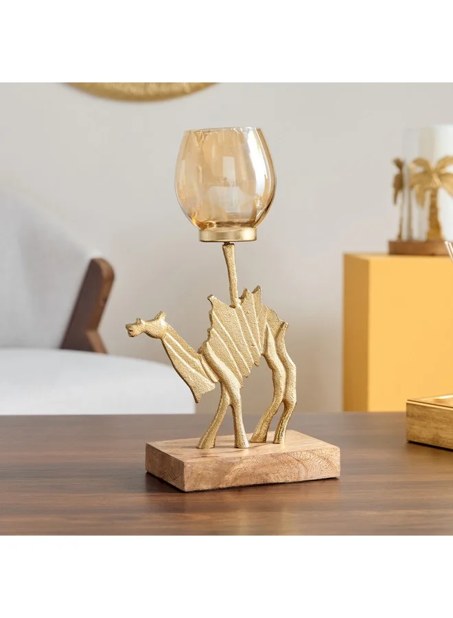 Home Box Rayon Aluminium Camel Tealight Holder with Wooden Base 19 x 10 x 32.5 cm