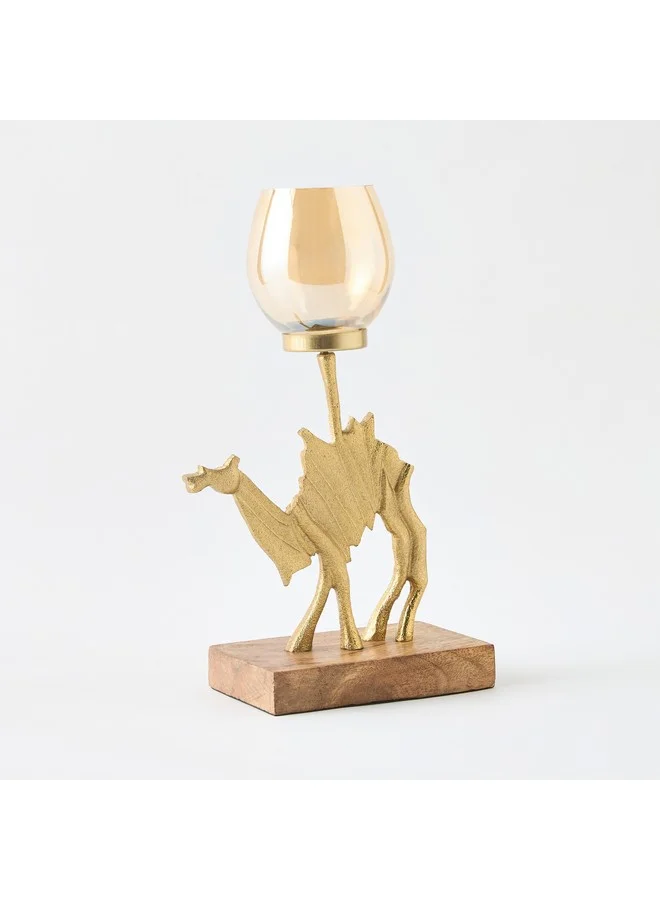 Home Box Rayon Aluminium Camel Tealight Holder with Wooden Base 19 x 10 x 32.5 cm