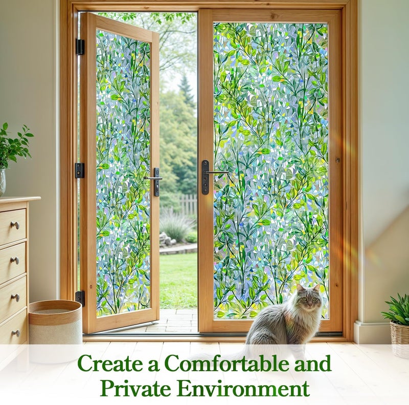 DARUITE Window Film with Green Leaves Pattern 30 x 200 cm Electrostatic No Glue UV Protection Rainbow Effect Privacy Film Windows for Office, Living Room - Image 4