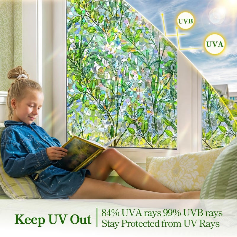 DARUITE Window Film with Green Leaves Pattern 30 x 200 cm Electrostatic No Glue UV Protection Rainbow Effect Privacy Film Windows for Office, Living Room - Image 3