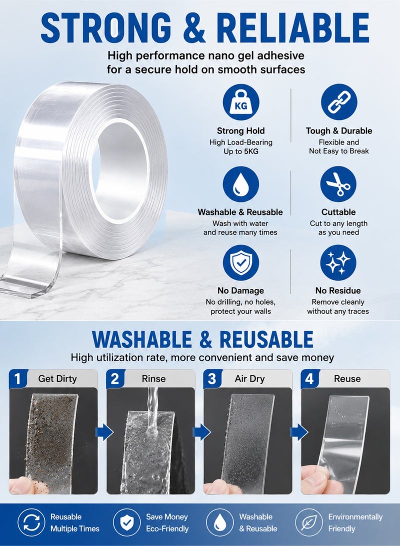 Joybos Heavy Duty Double Sided Nano Tape 5M x 3CM | Reusable Washable Strong Gel Adhesive Mounting Tape | Transparent No Drill Wall Tape for Home Kitchen Bathroom Office Car - Image 2