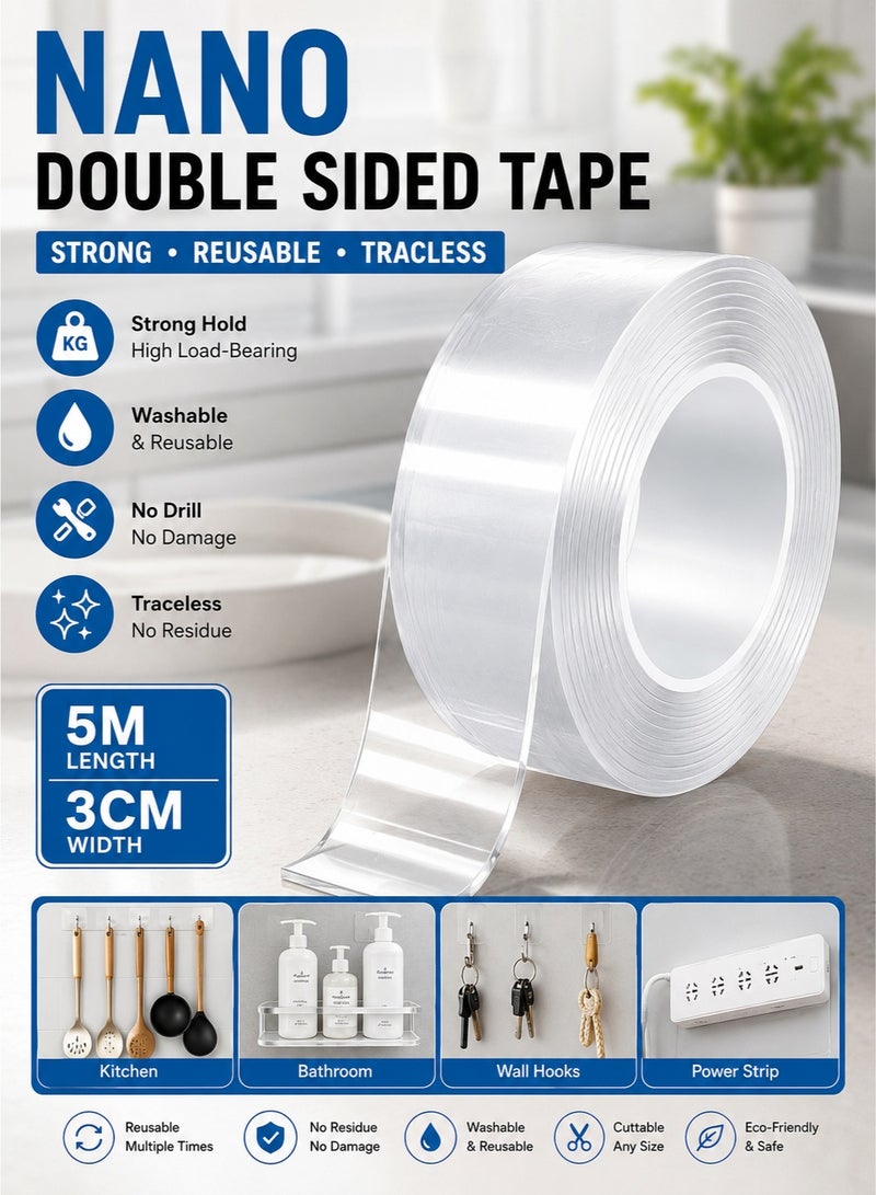 Joybos Heavy Duty Double Sided Nano Tape 5M x 3CM | Reusable Washable Strong Gel Adhesive Mounting Tape | Transparent No Drill Wall Tape for Home Kitchen Bathroom Office Car - Image 1