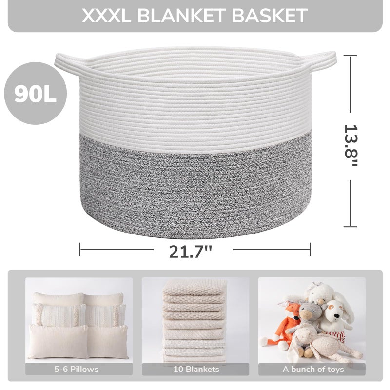 INDRESSME Large Storage Basket, 21.7'' x 13.8'' Cotton Rope Blanket Basket Living Room, Toy Organizers and Storage with Handles for Kids, Laundry Baskets for Clothes, Towel, 90L Grey - Image 3