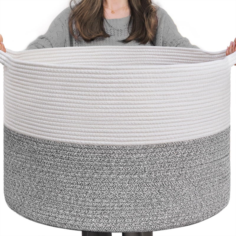 INDRESSME Large Storage Basket, 21.7'' x 13.8'' Cotton Rope Blanket Basket Living Room, Toy Organizers and Storage with Handles for Kids, Laundry Baskets for Clothes, Towel, 90L Grey - Image 1
