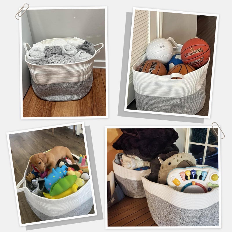 INDRESSME Large Storage Basket, 21.7'' x 13.8'' Cotton Rope Blanket Basket Living Room, Toy Organizers and Storage with Handles for Kids, Laundry Baskets for Clothes, Towel, 90L Grey - Image 4
