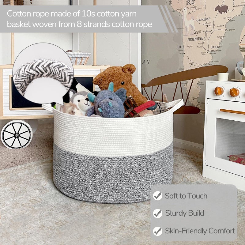 INDRESSME Large Storage Basket, 21.7'' x 13.8'' Cotton Rope Blanket Basket Living Room, Toy Organizers and Storage with Handles for Kids, Laundry Baskets for Clothes, Towel, 90L Grey - Image 2