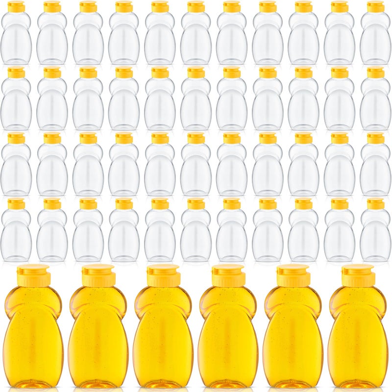 Mifoci 50 Pack 14 oz Clear Plastic Honey Jar with Lids Containers in Bulk Refillable Condiment Squeeze for Easy Storing and Dispensing
