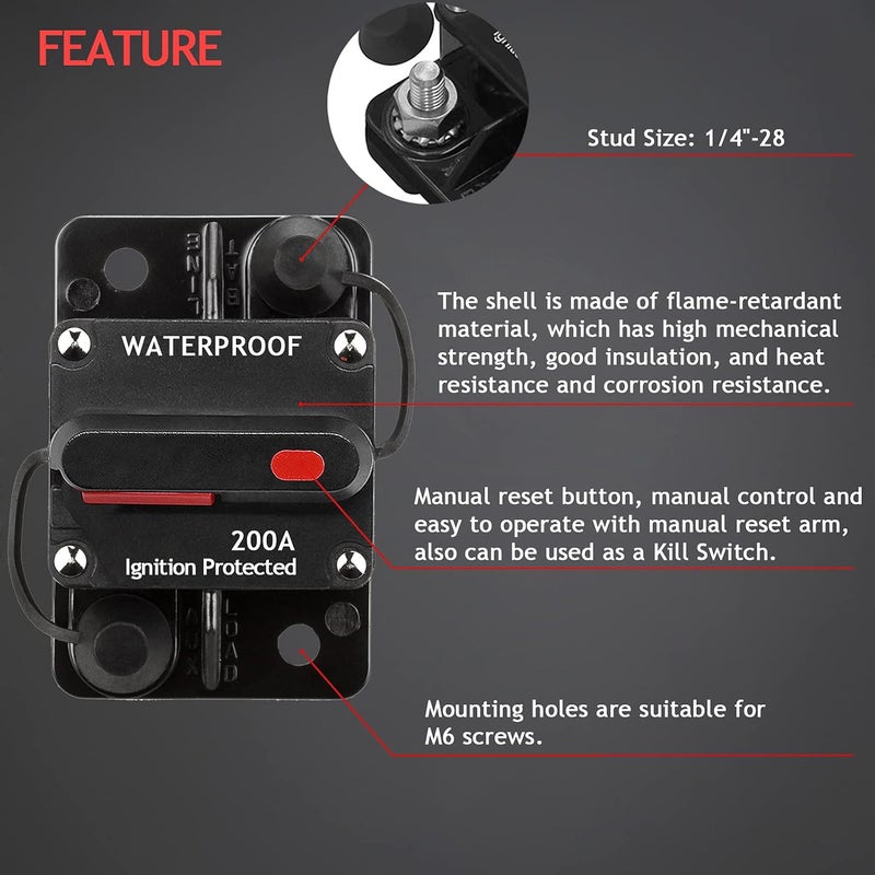Hamolar 3 Pack 200 Amp Circuit Breaker with Manual Reset and Wire Lugs for Car and Marine Use - Image 4