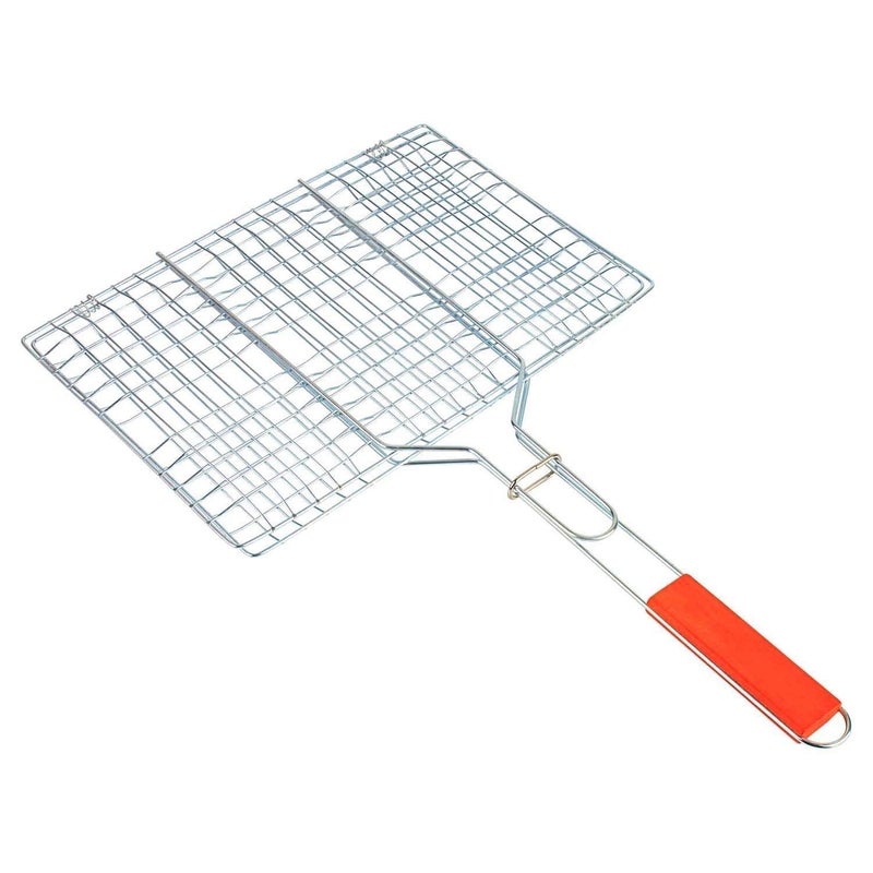 KRESHU Portable BBQ Grill Expandable Net Basket | Barbecue Roasted Grilling Tray Chromium Plated with Wooden Handle | Fish Meat Grilling Cooking Tool Home Outdoor Kitchen Tool 32x20CM (Pack of 1) - Image 1
