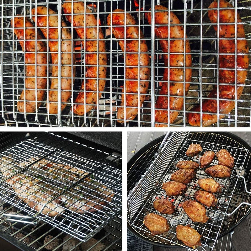 KRESHU Portable BBQ Grill Expandable Net Basket | Barbecue Roasted Grilling Tray Chromium Plated with Wooden Handle | Fish Meat Grilling Cooking Tool Home Outdoor Kitchen Tool 32x20CM (Pack of 1) - Image 4