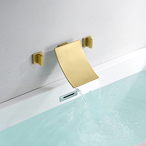 SUMERAIN Waterfall Tub Faucet High Flow Wall Mount Bathtub Faucet Filler Two Handles Brushed Gold Finish - Image 5