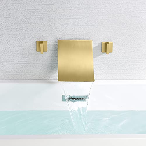 SUMERAIN Waterfall Tub Faucet High Flow Wall Mount Bathtub Faucet Filler Two Handles Brushed Gold Finish - Image 4
