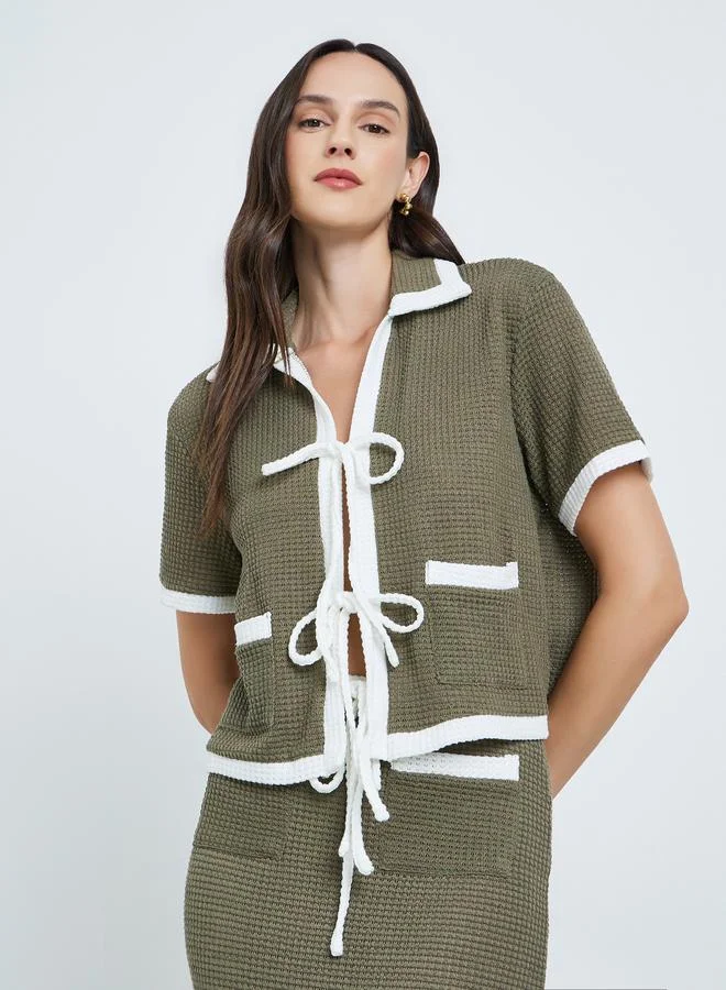 تايك تو Women's Colorblock Trim Texture Tie Front Sweater with Skirt Set