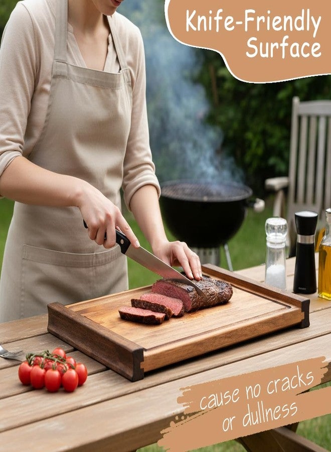 لوح تقطيع من خشب الأكاسيا 17 × 12 بوصة - لوح تقديم كبير مع مجرى للعصائر وحفرة عميقة، صينية تقديم خشبية بمقابض جانبية - Image 5