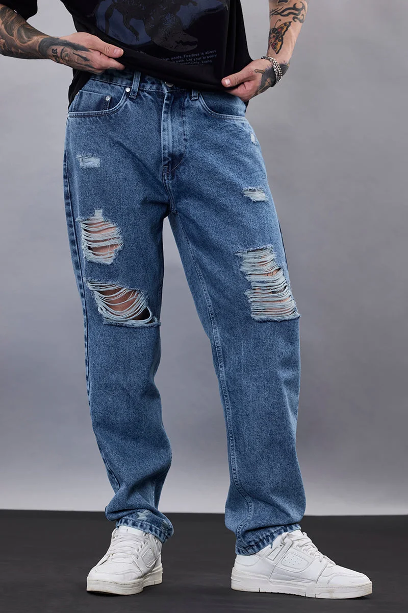 سنيتش Blue Solid Wide Leg Streetwear Jeans
