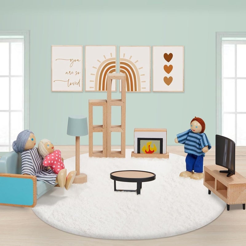 Giant bean 36pcs Wooden Dollhouse Furniture Set 5 Rooms 4 Family Dolls, Wood and Plastic Blue Dollhouse Accessories, Pretend Play Furniture Toys Christmas Birthday Gift for Boys Girls Kids Toddlers 3+ - Image 2
