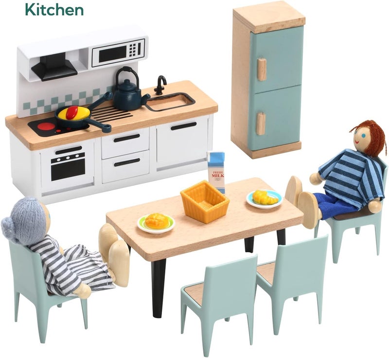 Giant bean 36pcs Wooden Dollhouse Furniture Set 5 Rooms 4 Family Dolls, Wood and Plastic Blue Dollhouse Accessories, Pretend Play Furniture Toys Christmas Birthday Gift for Boys Girls Kids Toddlers 3+ - Image 5